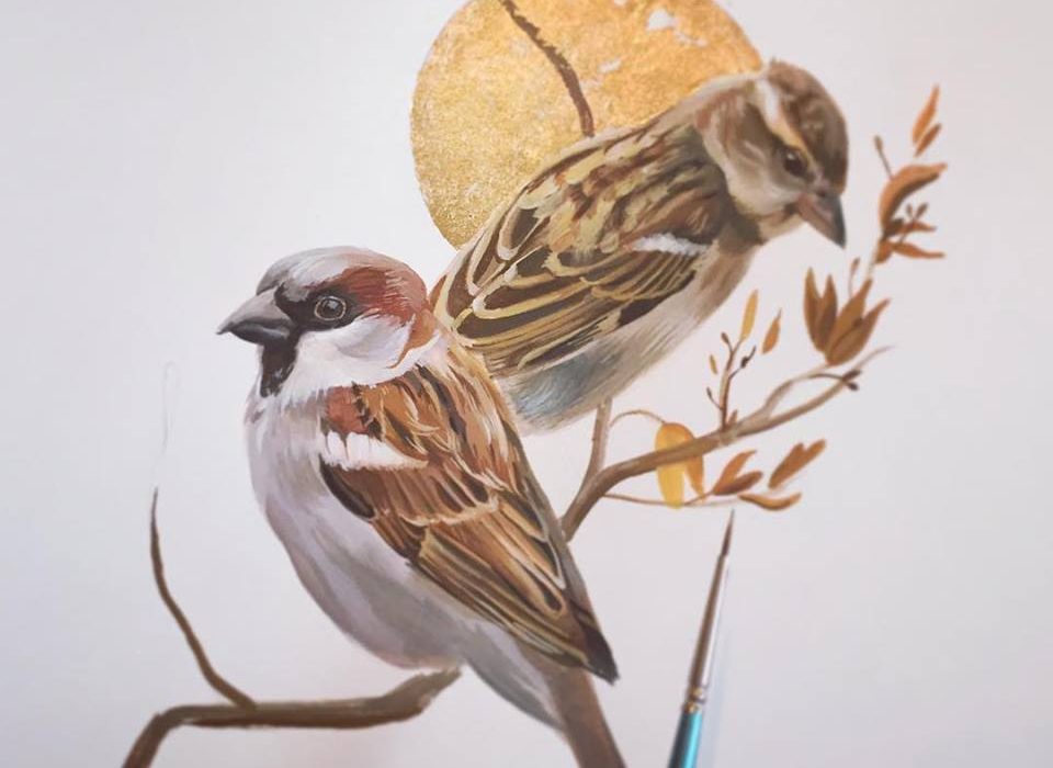 Two House Sparrows Original Painting Gouache