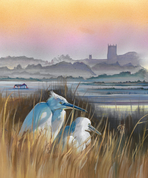Wildlife Painting of Little Egrets in North Norfolk, Art
