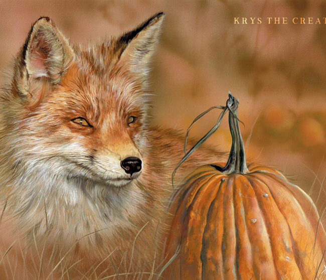 Red Fox Gouache Painting by Wildlife Artist Krysten Newby titled 'Pumpkin Patch' 2019