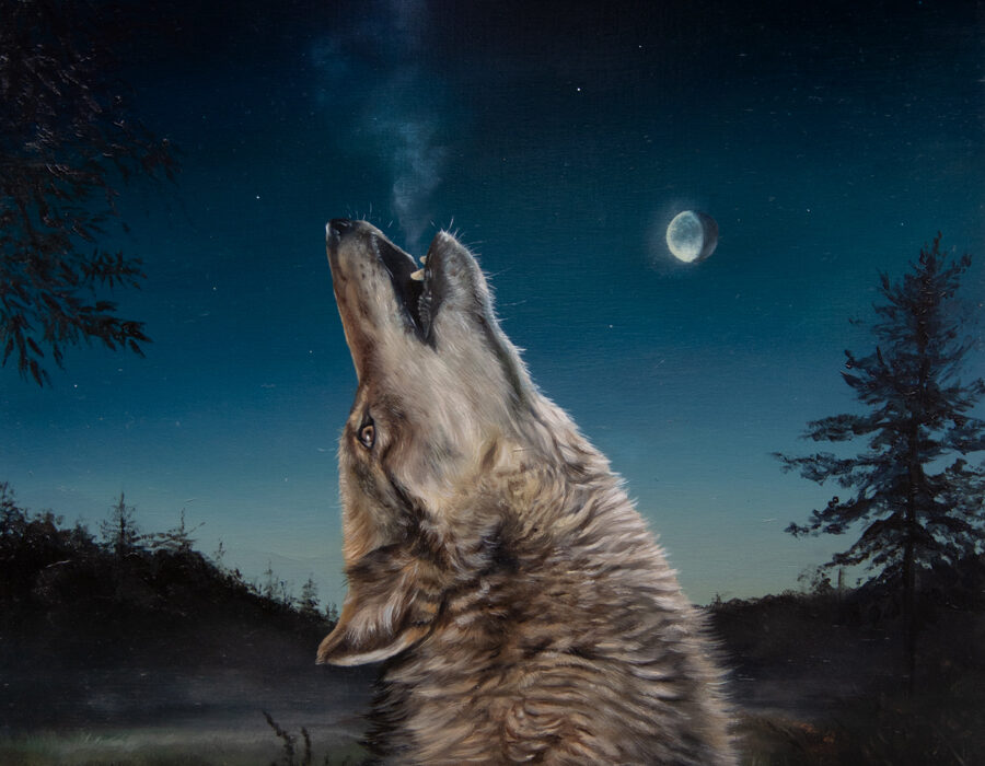 Original Howling Wolf Oil Painting For Sale With UFO in sky