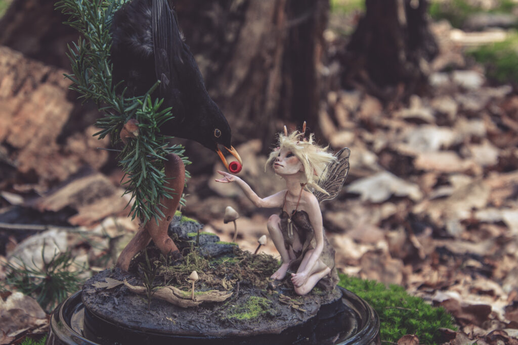 Fantasy Fairy Sculpture with Taxidermy Bird by Krysten Newby Wildlife Artist