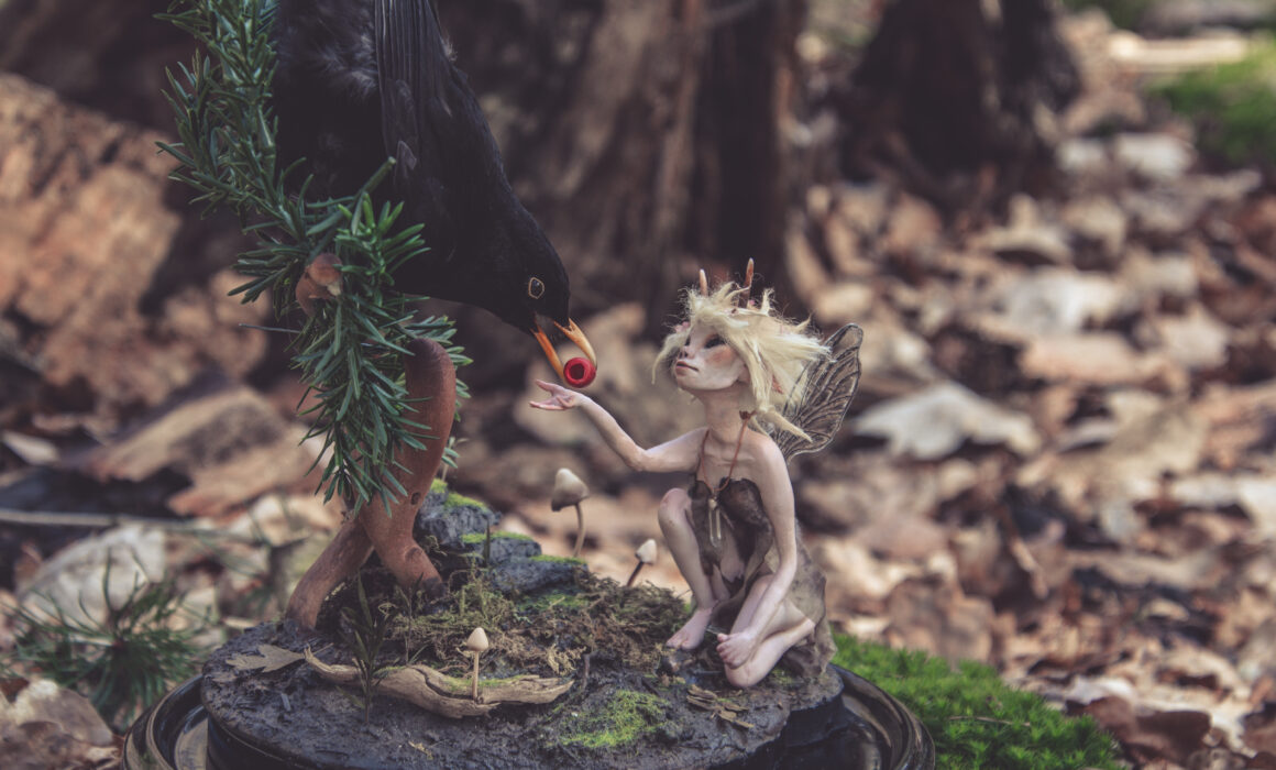 Fantasy Fairy Sculpture with Taxidermy Bird by Krysten Newby Wildlife Artist
