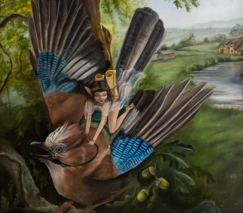 Woodland Fairy on a Jay Bird Original Oil Painting by Krysten Newby