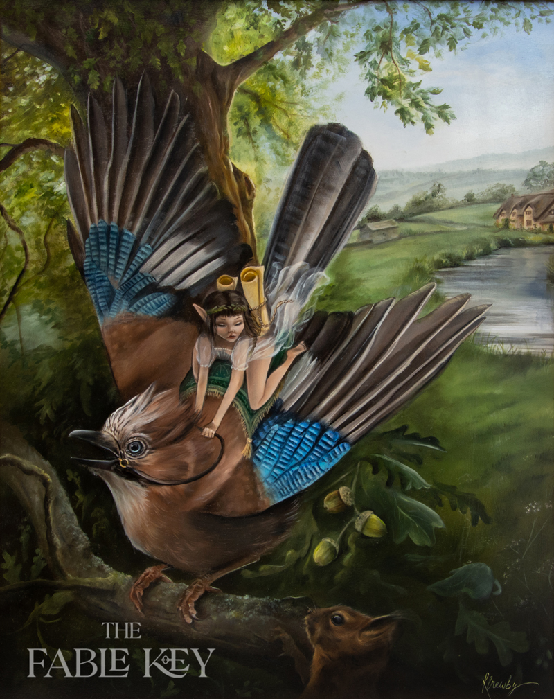 Woodland Fairy on a Jay Bird Original Oil Painting by Krysten Newby
