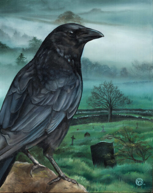 'Mournful Minder' Mystic Carrion Crow Original Oil Painting by Krysten Newby