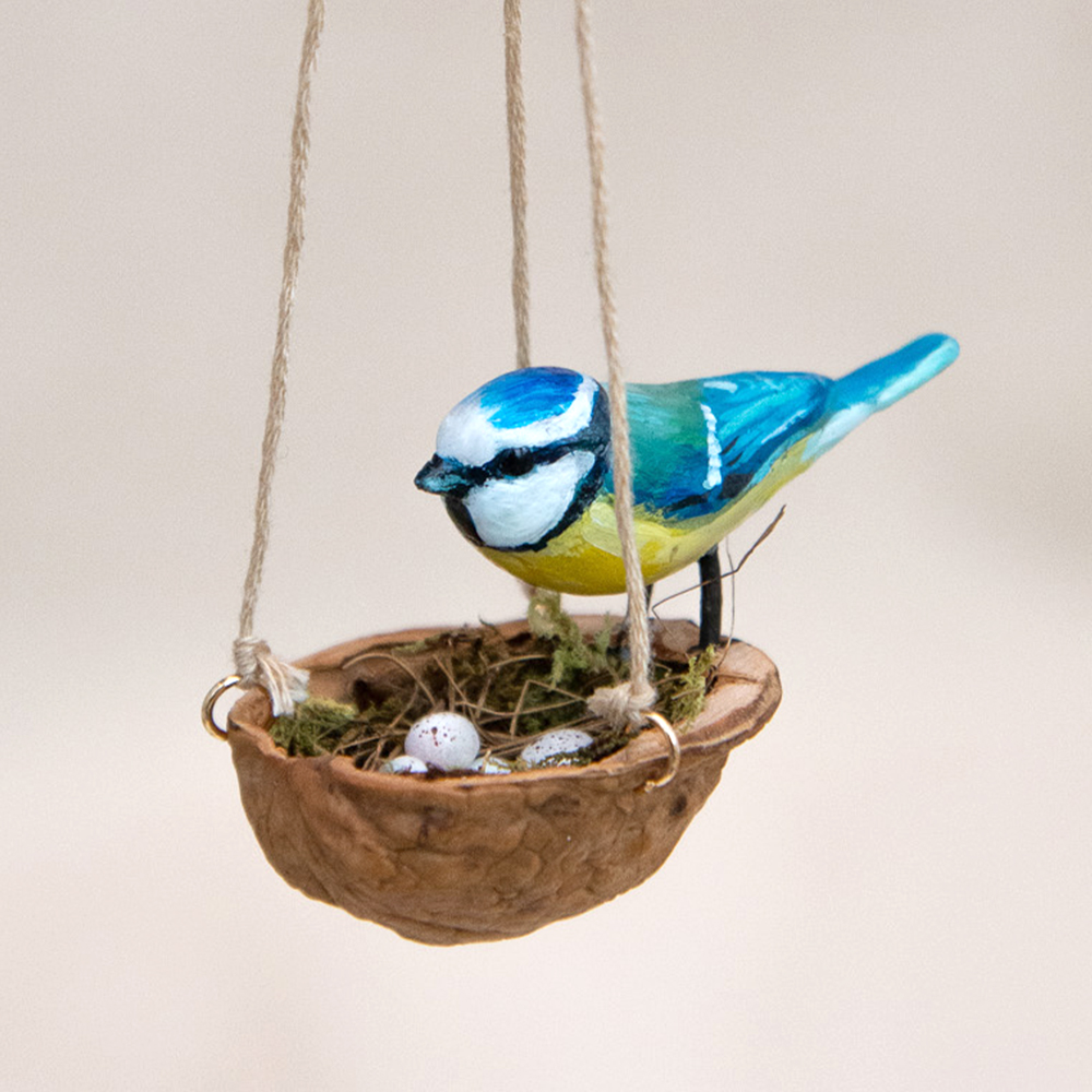 Handmade Miniature Bird Figurine On Walnut Nest - Blue Tit