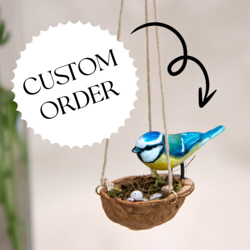 Custom Made Order for a handmade polymer clay bird of your choosing in a walnut shell nest decoration