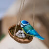Miniature Polymer Clay Blue Tit Bird on Walnut Art Nest