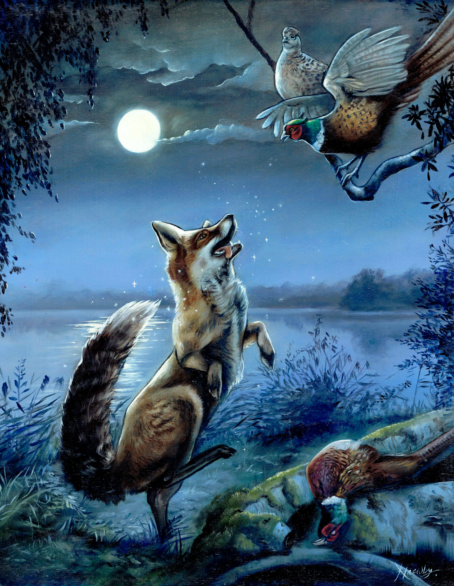 Original Oil Painting of Aesop's Fables The Fox and The Pheasants by wildlife artist Krysten Newby
