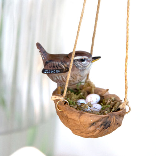Handmade Miniatures Wren on a walnut nest shell bird
