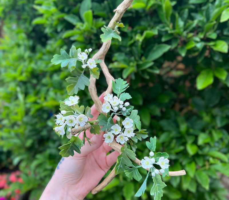 Realistic Cold Porcelain Leaves on Hawthorn Blossom Branch