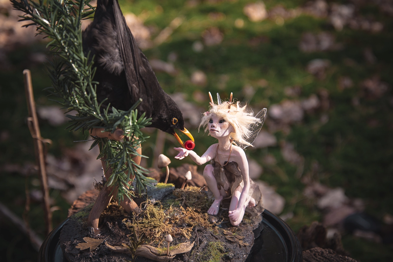 Fairy and taxidermy blackbird sculpture by Krysten Newby at the fable key