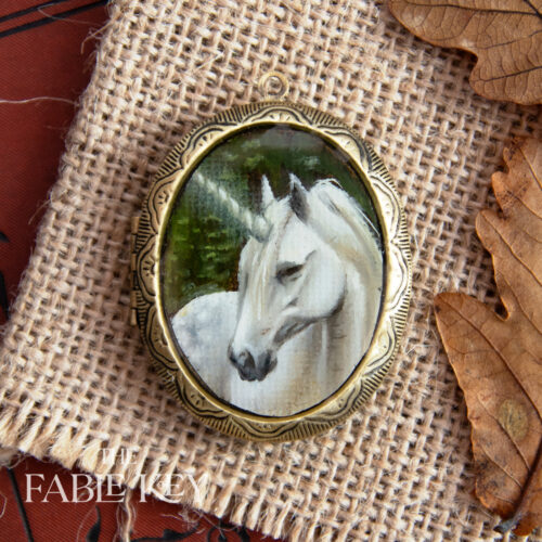Antique Style Hand Painted Locket With Unicorn And Woven Hair