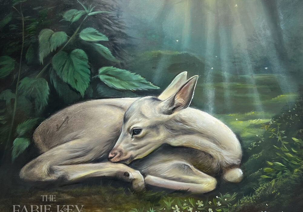 Fine Folklore Art Print of a white fawn in an enchanted forest