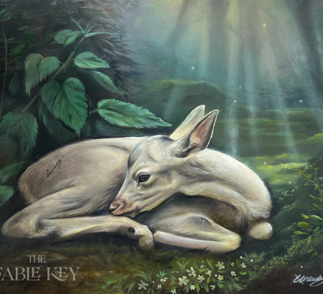 Fine Folklore Art Print of a white fawn in an enchanted forest